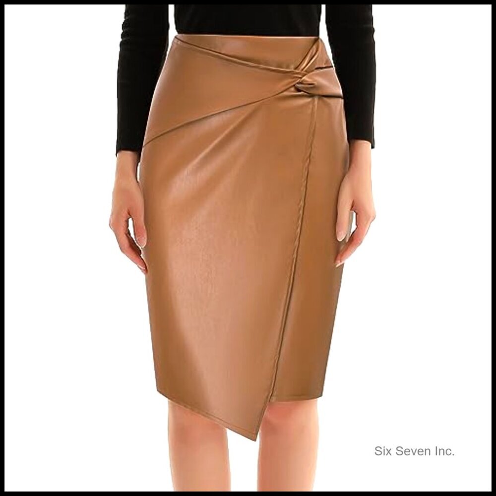 Faux Leather High Waist Wrap Midi Pencil Skirt for Business Casual - Picture 2 of 7